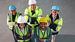 Construction, above or team with arms crossed, site staff or ambition in contracting industry. Happy, people or engineering group with solidarity, confidence or about us in building development.