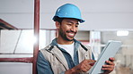 Construction, happy or man on site with tablet, task agenda or inspection report on renovation. Flare, ppe or engineer with scaffolding, remodeling brief or operation schedule on digital platform.