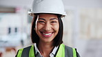 Hardhat, woman and face of construction worker on site by scaffolding with confidence for renovation. Happy, about us and portrait of civil engineer with pride for property remodeling or maintenance.