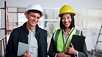 Architect, face and team with tablet in building renovation for construction project or development. Portrait, man and woman with smile, helmet or technology for architecture safety or security