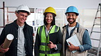 Architect, face and construction with team in building renovation for architecture project together. Portrait, people or civil engineer with smile, helmet or tablet for about us, safety or security