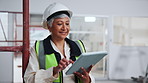 Tablet, woman and construction worker on site with planning for remodeling, repairs or building. Technology, research and mature civil engineer with update on property development or maintenance.