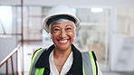 Smile, woman and face of construction worker on site by scaffolding with confidence for renovation. Happy, about us and portrait of mature contractor with pride for property remodeling or maintenance