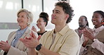 Audience, man and applause in office with workshop, creative goals or success for skill development. Happy, person and team clapping in seminar with announcement, milestone and knowledge achievement.