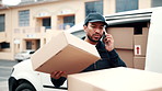 Angry, phone call and delivery man with package, outdoor and frustrated with wrong address on boxes. Unhappy, courier and person with mobile, communication and complaining about shipping mistake