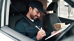 Logistics, writing and delivery man with clipboard in vehicle, smile and inventory for distribution. Supply chain, courier and happy person with checklist, notes and shipping update in transport