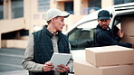 Logistics, team and delivery man with tablet, outdoor or inventory for stock distribution on website. Supply chain, discussion and people with boxes, ecommerce and shipping update with technology