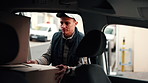 Packing, van and delivery man with boxes, shipping distribution and logistics for ecommerce order. Courier service, person and loading cargo in vehicle with supply chain, transport stock and export.