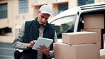 Logistics, inventory and delivery man with tablet, outdoor or checking boxes for stock distribution. Supply chain, inspection and person with package, ecommerce and shipping update with technology