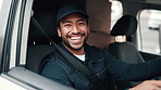 Face, driver and delivery man in van with laugh, shipping distribution and pride for ecommerce job. Happy, male person and courier service in car for transport, supply chain and logistics for export.
