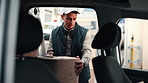 Loading, van and delivery man with boxes, shipping distribution and logistics for ecommerce order. Courier service, person and packing cargo in vehicle with supply chain, transport parcel and export.
