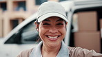Logistics, face and courier in town with laugh, delivery driver and confidence in distribution. Happy, portrait and woman outdoor with humor, dispatch profession and about us in supply chain industry