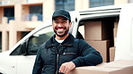 Face, laugh and delivery man by van with boxes, shipping distribution and pride for supply chain job. Happy, person outdoor and courier service with vehicle, ecommerce package or transport logistics.