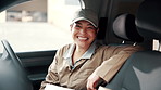 Face, woman and delivery driver in van with smile, shipping package and pride for supply chain job. Happy, female person and courier service in car with transport, ecommerce parcel and logistics.