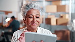 Happy, woman and ecommerce startup with tablet, research and confirm order for stock control. Mature person, review and website in office with digital, inventory availability and catalog for delivery