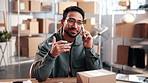 Logistics, phone call and man with box in warehouse, stock inspection or communication with contact. Entrepreneur, talking and happy person with mobile, supply chain and shipping in small business