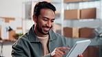 Tablet, man and logistics worker in office for delivery information, research or ecommerce order. Happy, digital technology and supply chain manager with email for distribution, cargo or export.