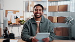 Tablet, man and face of logistics worker in office for delivery information, research or ecommerce. Happy, technology and portrait of supply chain manager with email for distribution, cargo or order.