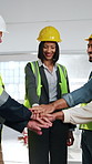 People, architect and hand stack for construction, agreement and teamwork for architecture. Smile, employees or site with group applause, inspection success and collaboration for building achievement