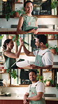 Series, team and tablet with high five at coffee shop for goals, face and documents with sales increase. People, portrait and celebration with tech, app or success with small business growth at cafe