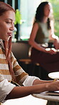 Remote work, typing and woman with laptop in cafe, copywriter and smile with article on web or info. Copywriting, freelancer and happy person with technology, email marketing and blog post in shop