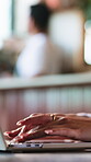 Remote work, research and hands with laptop in cafe, copywriter and typing blog post on web or info. Copywriting, freelancer and person with technology, email marketing and plan for article in shop