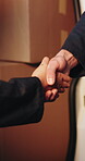 Logistics, team and shaking hands for delivery, success and distribution with vehicle or partnership. Shipping, achievement and people with boxes, handshake and deal with supplier and collaboration