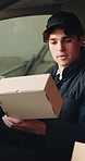 Phone, parcel and delivery man in vehicle for shipping, courier service and check label for info. Ecommerce, logistics and person with cellphone for tracking package, digital receipt and supply chain