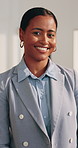 Happy, realtor and face of business woman in office with pride, confidence and smile for about us. Portrait, professional and person with ambition for property development, real estate and agency
