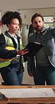Team, architect and clipboard with people in building for construction site, planning or renovation. Inspection, engineer supervisor and contractor with employees for remodeling project and checklist