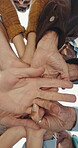Below, flare and hand stack with people outdoor together for solidarity, support or team building. Palm, summer and unity with happy friends in circle for bonding, community wellness or connection