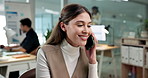 Office manager, phone call and woman with smile, talking or communication with contact for schedule. Business, administration and happy person with mobile, discussion and appointment update with tech