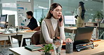 Office manager, phone call and woman with laptop, talking or communication with contact for schedule. Business, administration and person with mobile, discussion or appointment update with technology