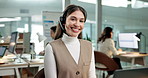 Face, business and woman at call center with smile, consultant and faq for customer service. Portrait, advisor and coworking in office with laptop, virtual assistance and headset for telecom advisory