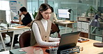 Review, paper or woman in office with laptop, expense analysis or research on funding pitch. Coworking, digital or finance analyst with document, budget control or report draft on investment proposal