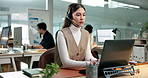 Call center, headset and woman with laptop in office, lead generation or communication with contact. Telemarketing, consultant and person with technology, discussion and explaining services with mic