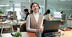 Face, business and woman at call center with laptop, research and faq for customer service. Portrait, female agent and coworking in office with pc, virtual assistance and headset for telecom advisory
