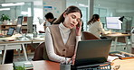 Woman, stress and headache with laptop in office for overworked strain, burnout or pressure. Tired, female person or employee with migraine on computer for project deadline or fatigue in workplace