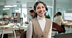 Face, smile and woman at call center with laptop, consultant and faq for customer service. Portrait, female agent and coworking in office with pc, virtual assistance and headset for telecom advisory