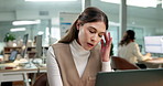 Woman, headache or mistake with laptop in office for overworked strain, burnout or pressure. Tired, female person or employee with migraine on computer for project deadline, fatigue or work stress