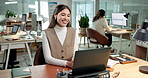 Business, recruiter and woman with laptop for video call, onboarding and communication with contact. Hr, online and happy person with earphones, virtual meeting and hiring process with tech in office