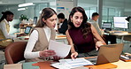 Review, paper or women in office with laptop, expense analysis or guidance on funding pitch. Collaboration, manager or finance analyst with document, budget control or feedback on investment proposal