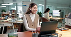Laptop, dancing and happy woman with earphones in office for productive music or audio streaming. Female person, employee or vibe with smile on computer for energy or positive attitude in workplace