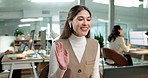 Wave, business and happy woman with video call in office for online meeting, conversation or chat. Female person, employee or talking with smile on laptop for virtual discussion, advice or webinar