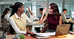Laptop, team and high five with document, office accomplishment or account analysis. Computer, happy women and business success, coworking and good news with paperwork for audit chart discussion