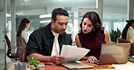 Review, paper and people in office with laptop, expense analysis and feedback on budget report. Discussion, team and finance analyst with document, cost control and evaluation of revenue forecast.
