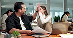 Laptop, team and high five with paper, business achievement or thank you with campaign support. Computer, happy people or startup success, coworking office or target with document for ad performance