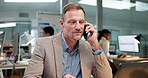 Laptop, man and phone call in office, conversation or communication for accounting request. Tech, talking and mature person with financial report for expense tracking, cost feedback and coworking