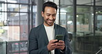 Phone, happy and hands of businessman in office with texting, email of finance networking. Technology, communication and financial manager typing on cellphone for feedback on investment proposal.