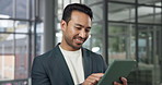 Tablet, smile or man in enterprise for business, risk mitigation or reading insurance report. Happy, broker or person in office with tech, scroll coverage update or claims feedback with policy review
